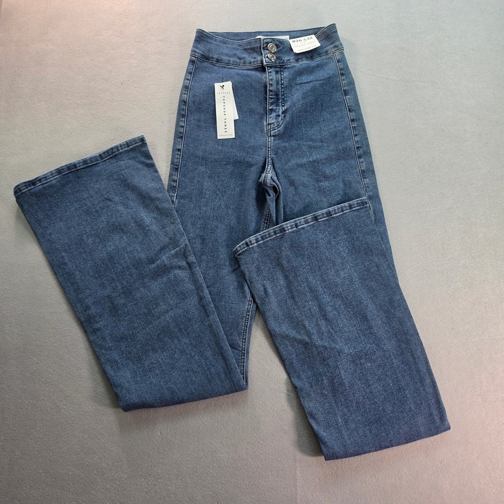 Topshop Three Stretch Flare Jeans Womens W26 L32 NWT High Rise Medium Wash